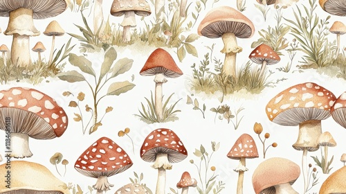Watercolor autumn mushroom and foliage pattern