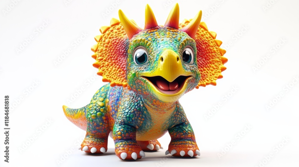 3d rendering of a smiling baby triceratops dinosaur with a colorful skin, on a white background 3d rendering of a smiling baby triceratops dinosaur with a colorful skin, on a white background