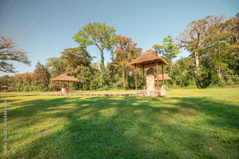Panoramic view of Quiriguá archaeological park, surrounded by lush forests. Panoramic view of Quiriguá archaeological park, surrounded by lush forests.