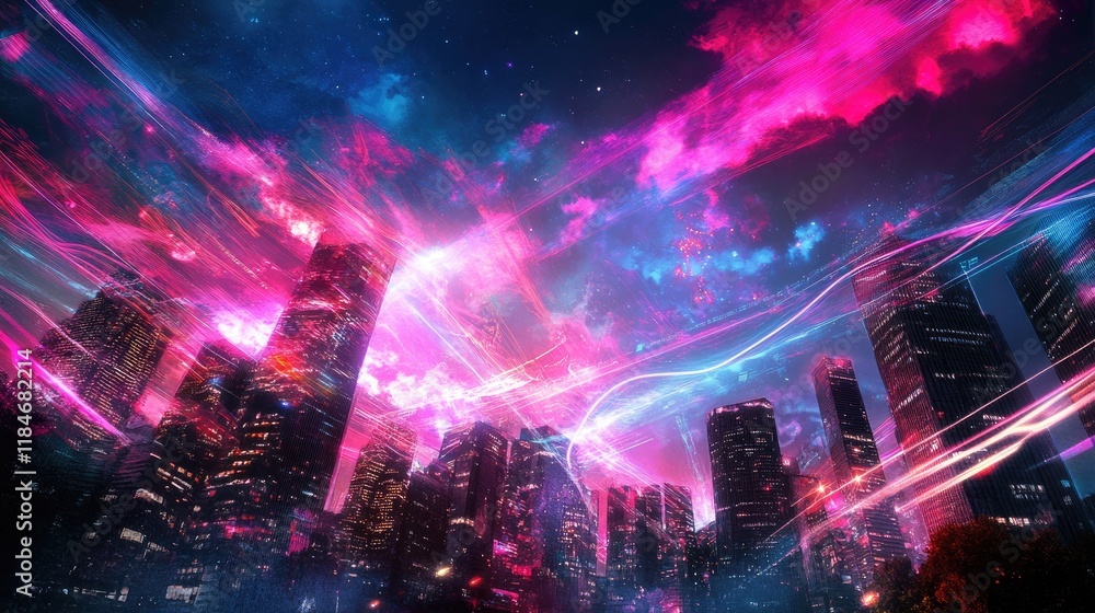 Fototapeta premium Futuristic cityscape illuminated by neon lights, towering skyscrapers connected by glowing 5G networks and vibrant data streams in the night sky