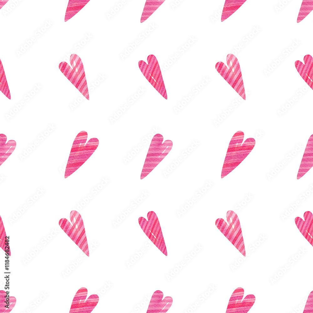 Pink hearts background. Seamless watercolor pattern with hand drawn illustration of cute pink hearts with stripes for valentines day wrapping, wallpaperі, holidays decorations texture Pink hearts background. Seamless watercolor pattern with hand drawn illustration of cute pink hearts with stripes for valentines day wrapping, wallpaperі, holidays decorations texture