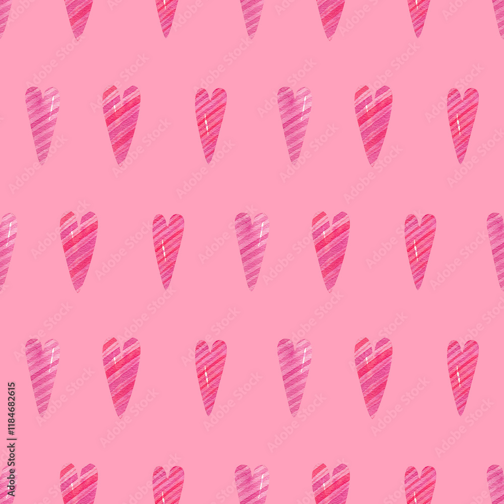 Pink hearts background. Seamless watercolor pink pattern with hand drawn illustration of cute pink hearts with stripes for valentines day wrapping paper, wallpaper, holidays fabric texture Pink hearts background. Seamless watercolor pink pattern with hand drawn illustration of cute pink hearts with stripes for valentines day wrapping paper, wallpaper, holidays fabric texture