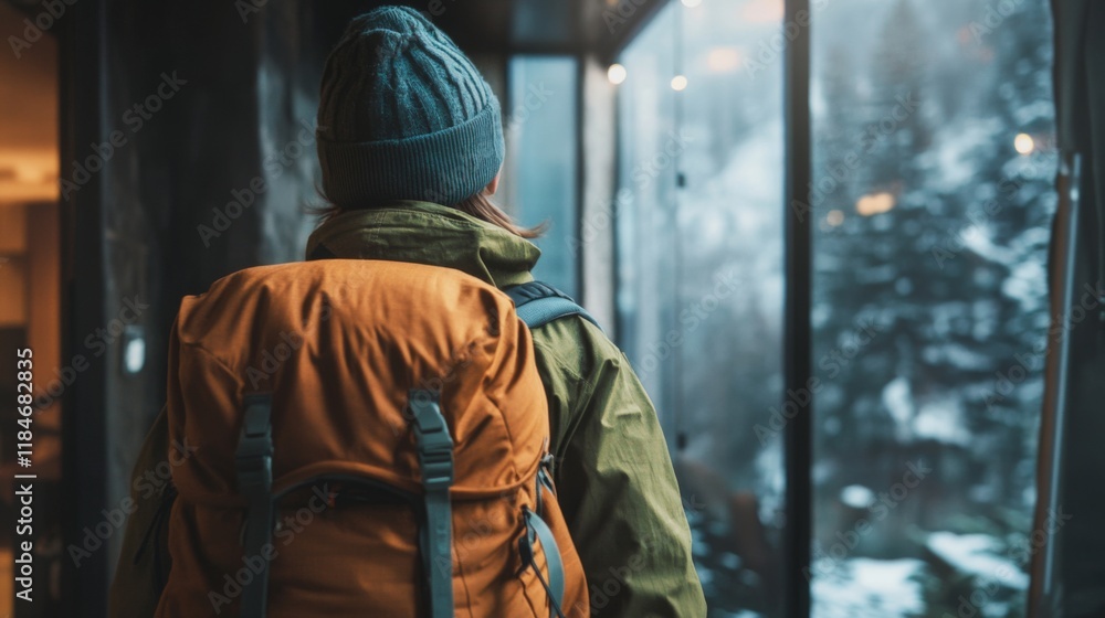 Winter Traveler Contemplating the Scenic Mountain View Winter Traveler Contemplating the Scenic Mountain View