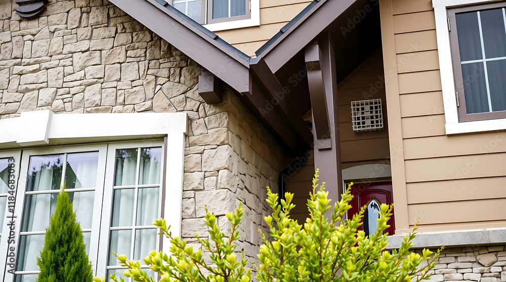 Obraz premium Partial view of two-toned house exterior. Stone and wood siding, windows with white trim, and a small flowering bush in the foreground. A red door is partially visible.