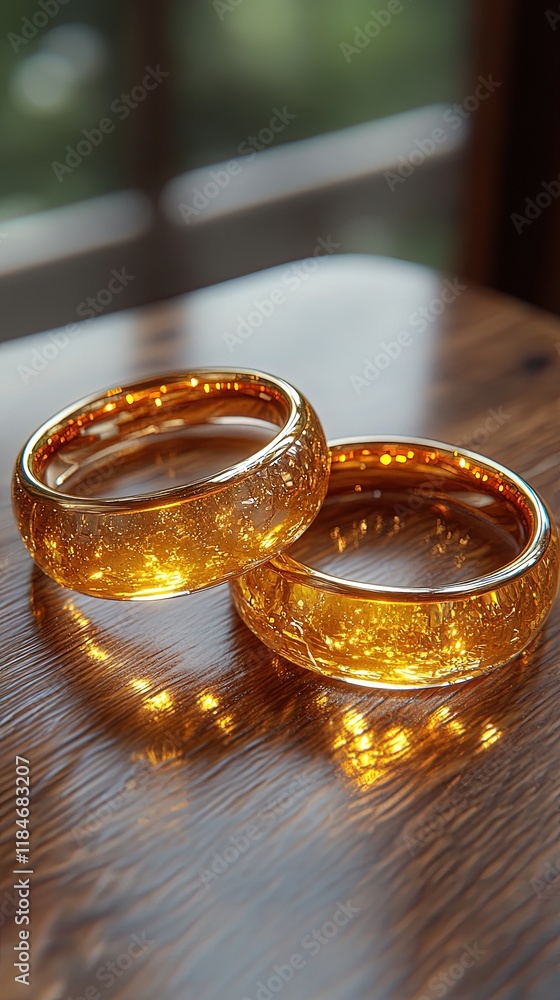 Two translucent golden rings resting on a wooden surface, reflecting light beautifully. Two translucent golden rings resting on a wooden surface, reflecting light beautifully.