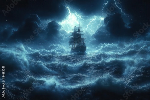 majestic sailing ship battling gigantic storm waves under lightningfilled sky with dramatic moonlit ocean clouds at night