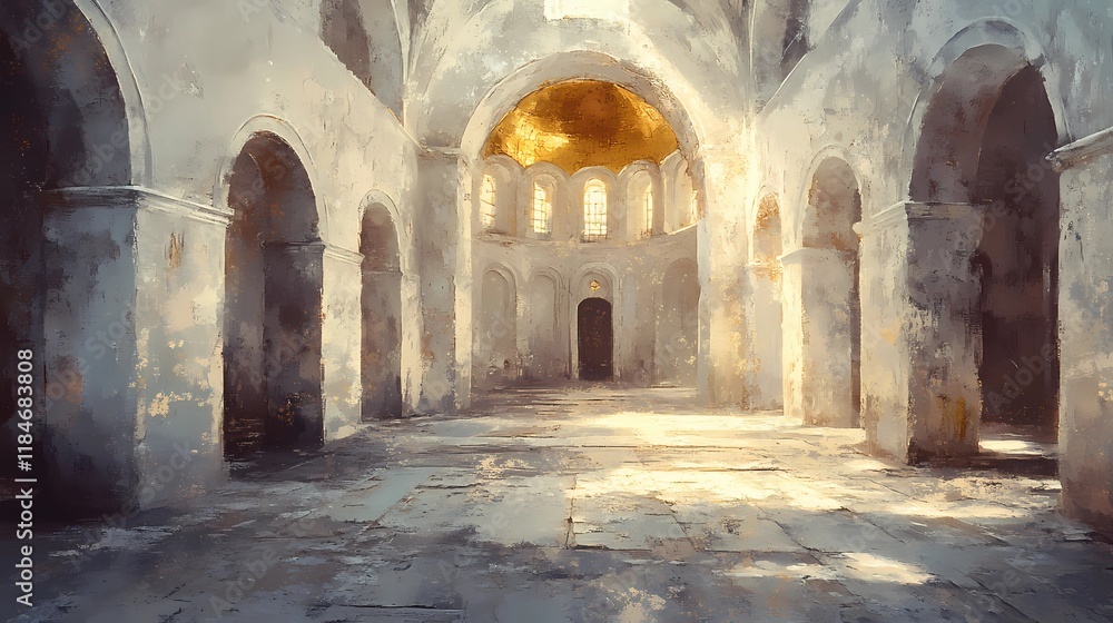 Fototapeta premium Orthodox church with majestic domes under a serene sky, evoking spiritual tranquility and timeless beauty, artistic book illustration style