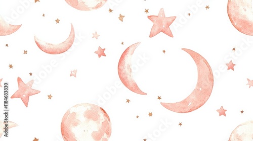 Pink watercolor moons and stars celestial pattern