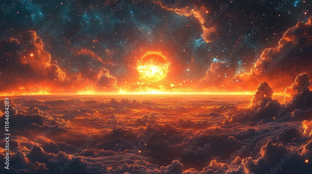 A stunning cosmic scene featuring a fiery sun setting over a sea of clouds and stars. A stunning cosmic scene featuring a fiery sun setting over a sea of clouds and stars.