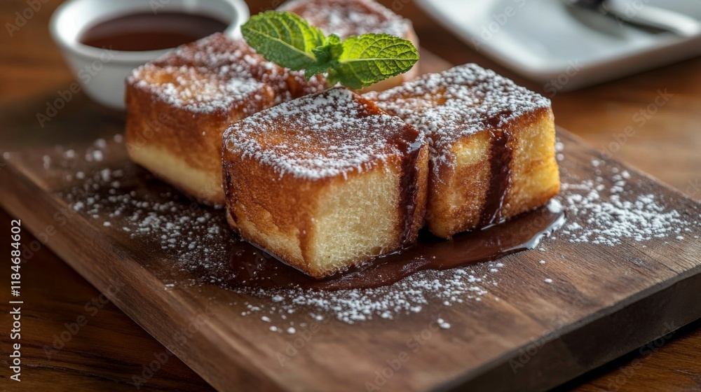 An artistic shot of honey toast served on a rustic wooden board, garnished with a sprig of mint and a side of rich chocolate sauce for dipping. An artistic shot of honey toast served on a rustic wooden board, garnished with a sprig of mint and a side of rich chocolate sauce for dipping.