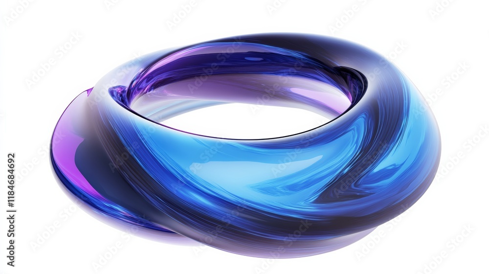 Glass torus knot swirling with vibrant blue and purple hues, generating fluid dynamic movement against pristine white surface Glass torus knot swirling with vibrant blue and purple hues, generating fluid dynamic movement against pristine white surface
