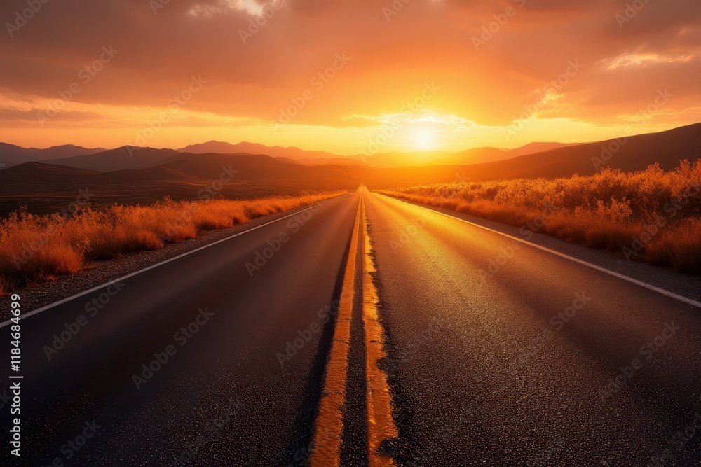 Fototapeta premium a long road with the sun setting behind it