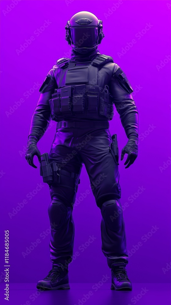 3d render of a futuristic soldier wearing full tactical gear and helmet standing against purple background 3d render of a futuristic soldier wearing full tactical gear and helmet standing against purple background