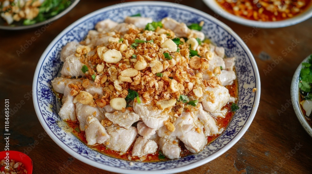 An artistic shot of Khao Mok Gai with tender chicken pieces, topped with fried garlic and served with a drizzle of savory sauce, highlighting its rich flavors. An artistic shot of Khao Mok Gai with tender chicken pieces, topped with fried garlic and served with a drizzle of savory sauce, highlighting its rich flavors.