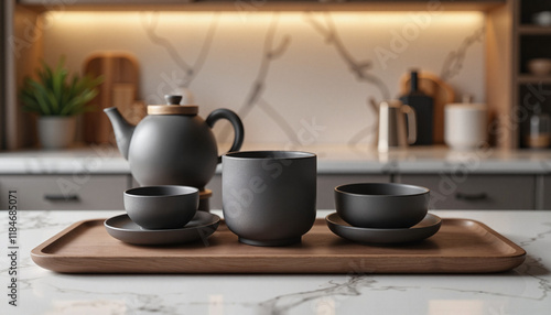 Wallpaper Mural Minimalist black Chinese tea set on marble countertop, evening elegance Torontodigital.ca