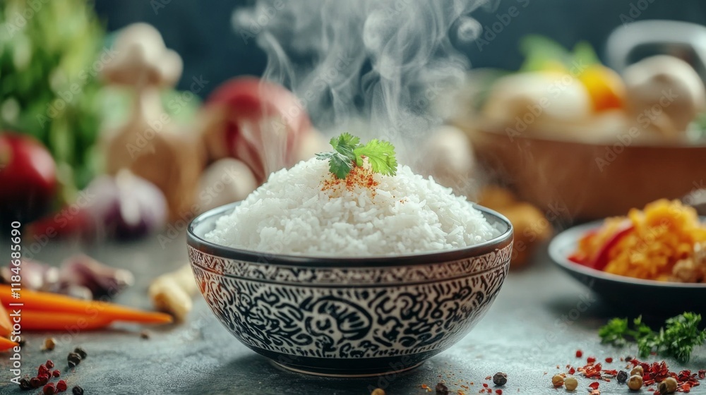 An artistic shot of white rice presented in a polished bowl, with steam gently rising and colorful ingredients surrounding it for a vibrant culinary scene.