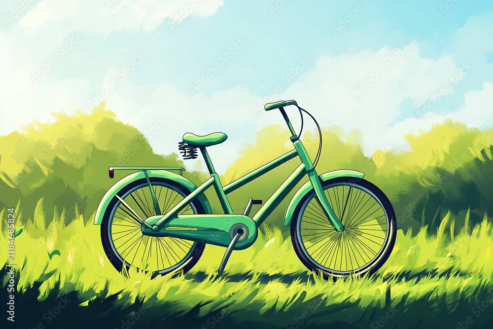 Obraz premium A green bicycle is standing on the grass, in a cartoon style