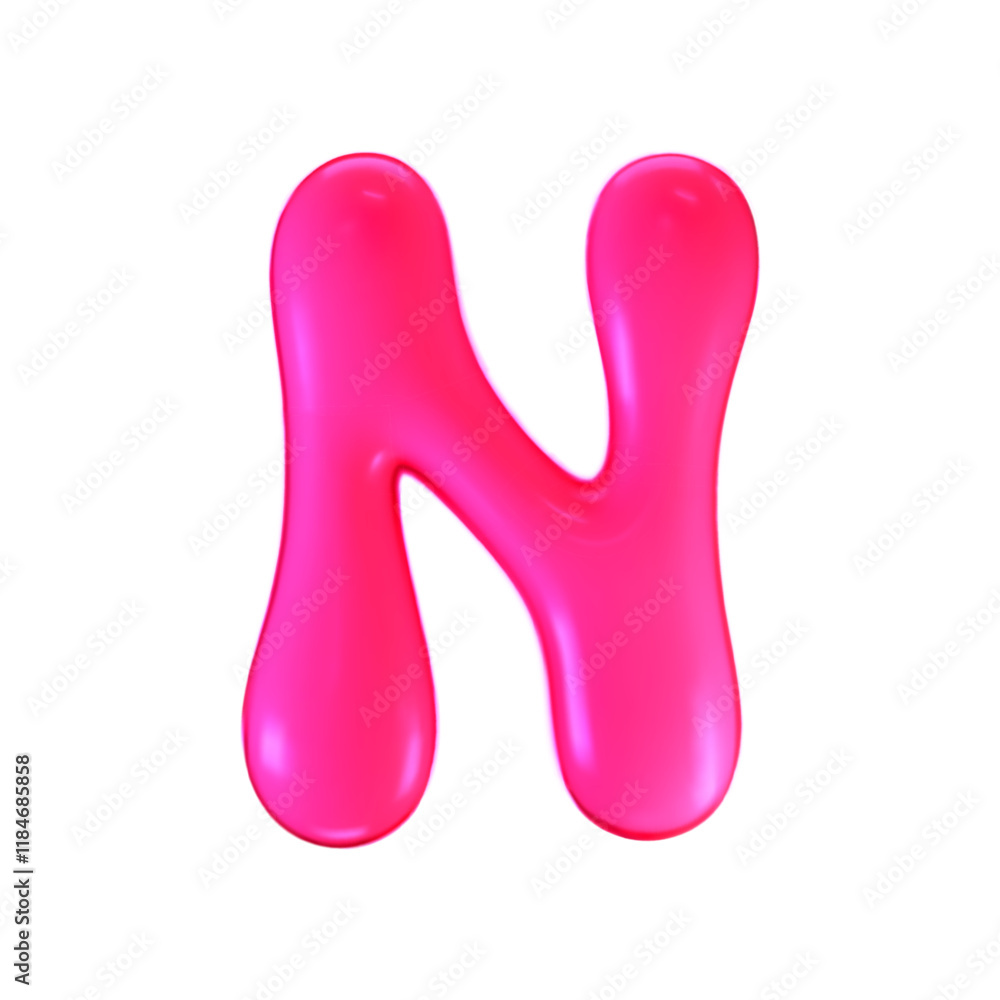 3d pink plastic bubble letter N in y2k style isolated on a white background. Render of 3d cartoon balloon liquid alphabet with neon plastic effect in 90s style. 3d vector modern typography font 3d pink plastic bubble letter N in y2k style isolated on a white background. Render of 3d cartoon balloon liquid alphabet with neon plastic effect in 90s style. 3d vector modern typography font
