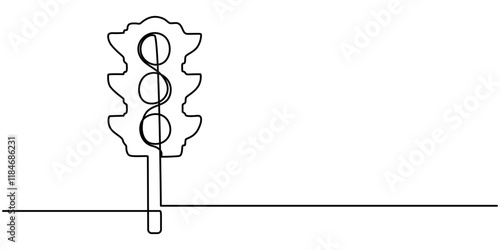 Light traffic one line continuous. Light traffic line art. Hand drawn vector art, Continuous one line drawing of traffic lights with poles to regulate vehicle travel at road intersections.