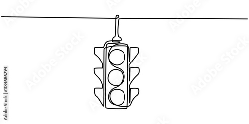 Light traffic one line continuous. Light traffic line art. Hand drawn vector art, Continuous one line drawing of traffic lights with poles to regulate vehicle travel at road intersections.