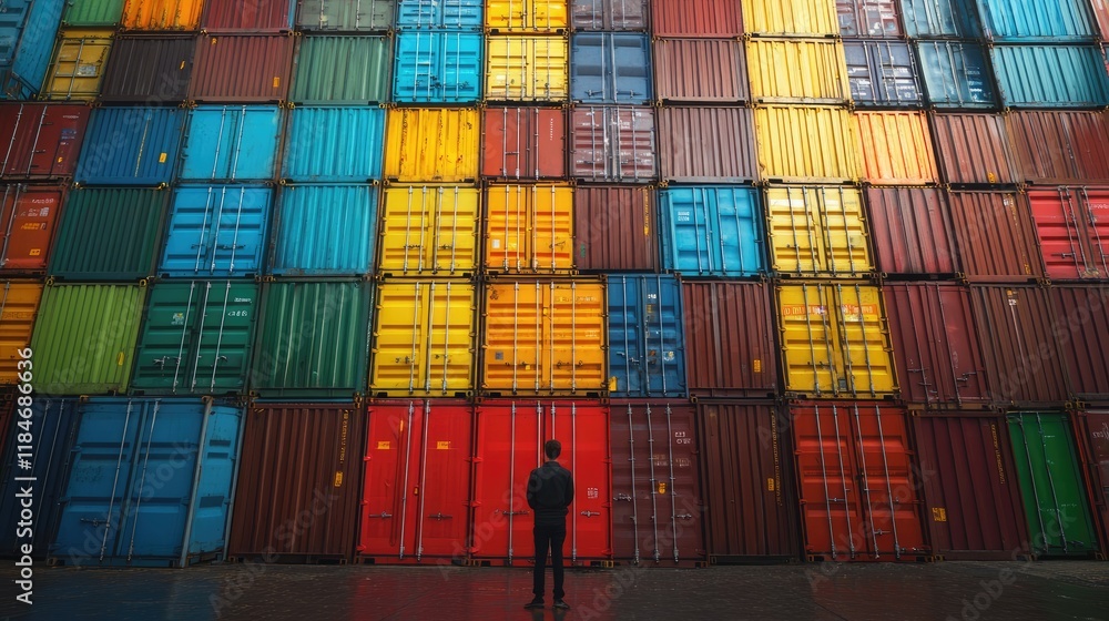 Fototapeta premium Back view of a logistics coordinator ensuring stock container in a brightly port
