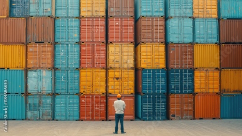 Back view of a logistics coordinator ensuring stock container in a brightly port photo