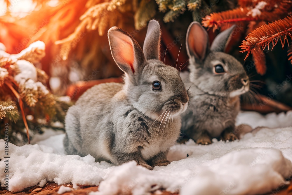 Naklejka premium Two Rabbits in Snowy Forest Setting