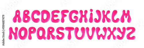 3d pink plastic bubble letters in y2k style isolated on a white background. Render of 3d cartoon balloon liquid alphabet with neon plastic effect in 90s style. 3d vector modern typography font