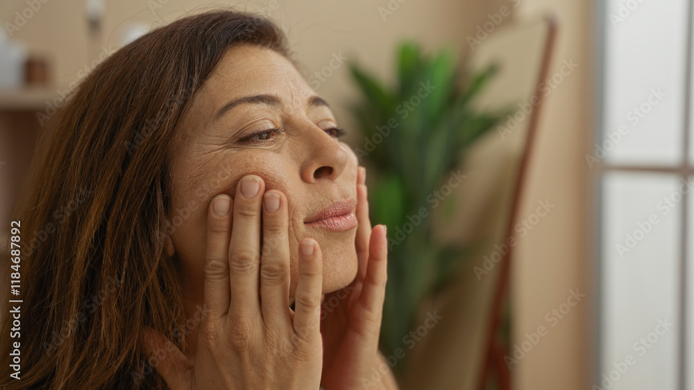 Mature woman with brunette hair examines her skin thoughtfully in a well-lit indoor spa setting Mature woman with brunette hair examines her skin thoughtfully in a well-lit indoor spa setting