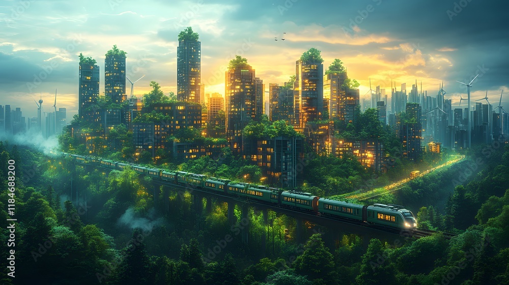 Fototapeta premium Futuristic Cityscape with Train and Green Trees at Sunset