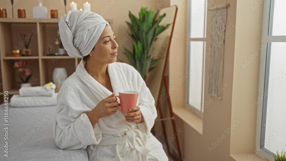 Middle-aged hispanic woman enjoying a relaxing moment with a cup of tea at a spa, wearing a white robe and turban in a serene indoor wellness center with candles and plants. Middle-aged hispanic woman enjoying a relaxing moment with a cup of tea at a spa, wearing a white robe and turban in a serene indoor wellness center with candles and plants.
