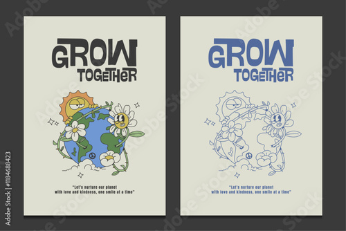 groovy 70s poster with positive quotes and retro cartoon characters, vector illustration