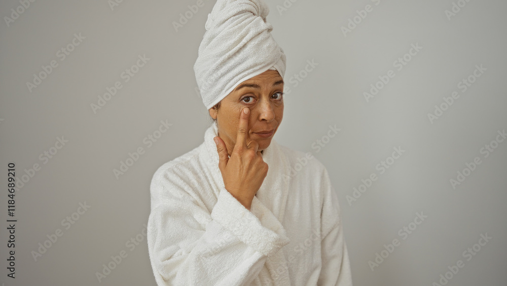 Woman pointing at her eye while wearing a towel on her head and bathrobe with white isolated background, suggesting skincare or beauty routine. Woman pointing at her eye while wearing a towel on her head and bathrobe with white isolated background, suggesting skincare or beauty routine.