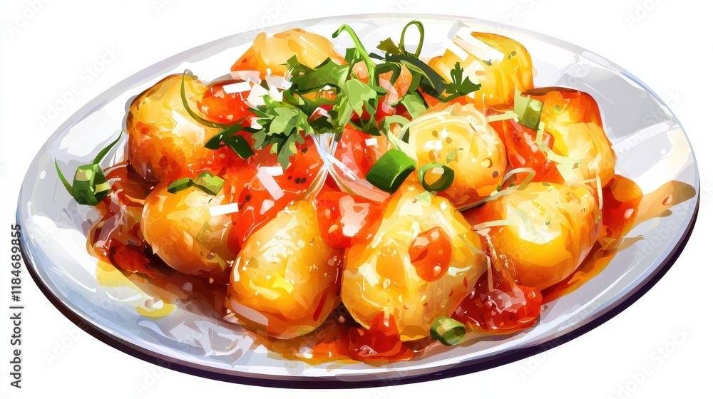 Delicious gnocchi dish with tomato sauce isolated on white background high-quality food Delicious gnocchi dish with tomato sauce isolated on white background high-quality food