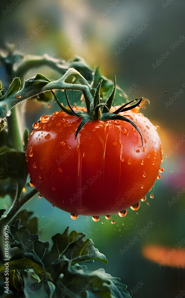 ripe beautiful deep red tomato under rain drops in garden. close up. Digital artwork. Ai generated.