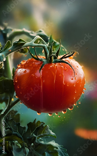 Obraz na płótnie ripe beautiful deep red tomato under rain drops in garden. close up. Digital artwork. Ai generated. w salonie