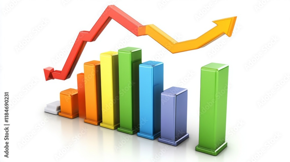 A D-rendered bar graph representing financial growth, with vibrant colors and arrows pointing upwards on a white background, symbolizing economic progress. A D-rendered bar graph representing financial growth, with vibrant colors and arrows pointing upwards on a white background, symbolizing economic progress.