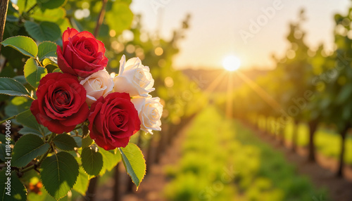 Red and white roses blooming in vineyard at golden hour, rural elegance