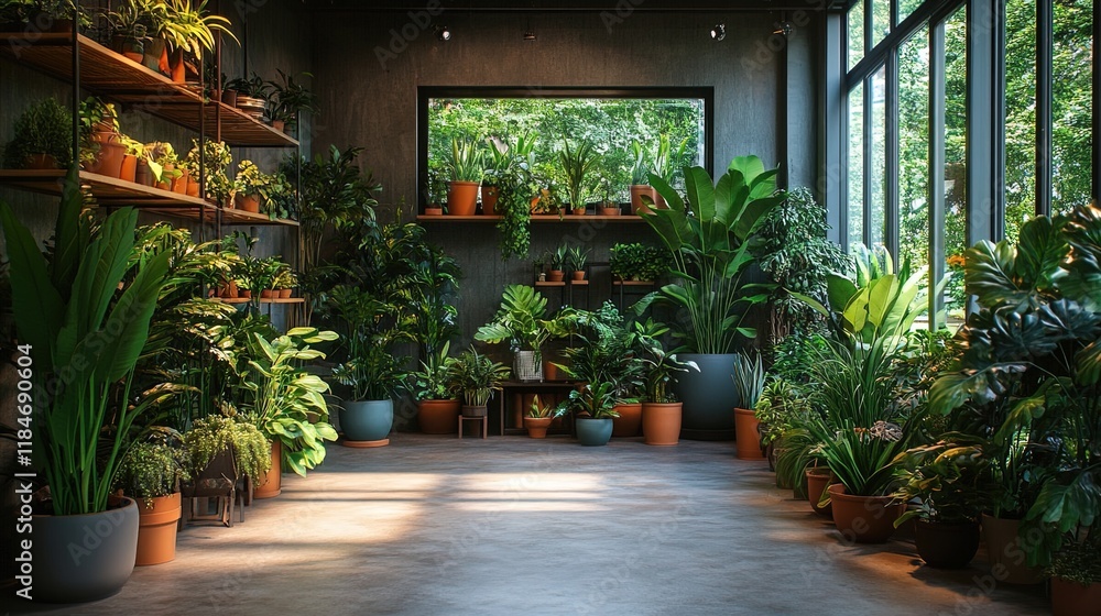 Fototapeta premium Lush indoor garden with various plants in modern pots, cozy and green aesthetic 