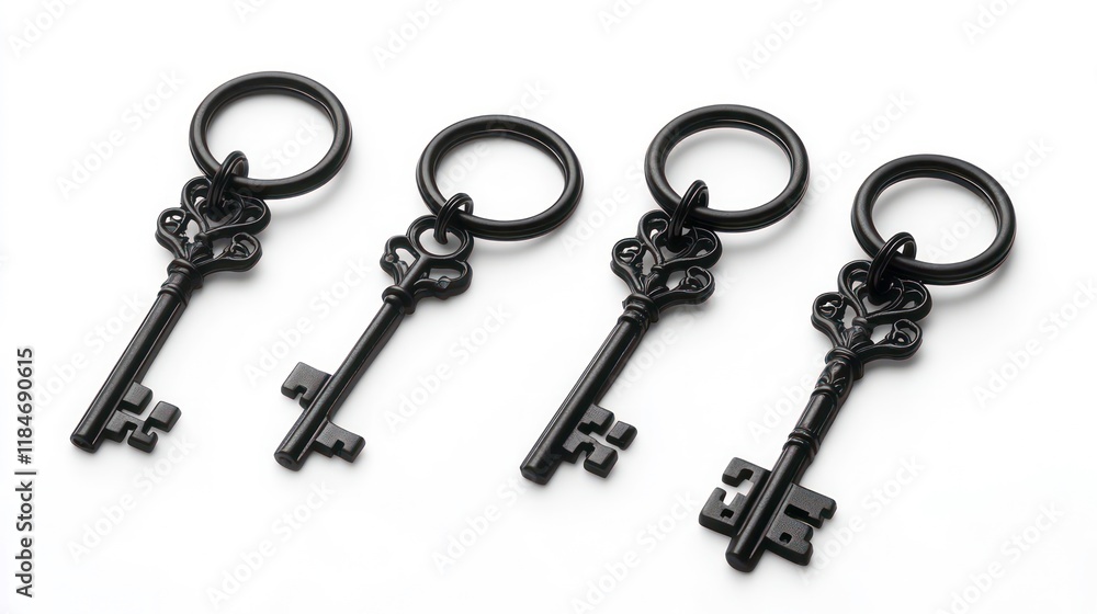 Four antique black skeleton keys on keyrings, isolated on white background. Four antique black skeleton keys on keyrings, isolated on white background.
