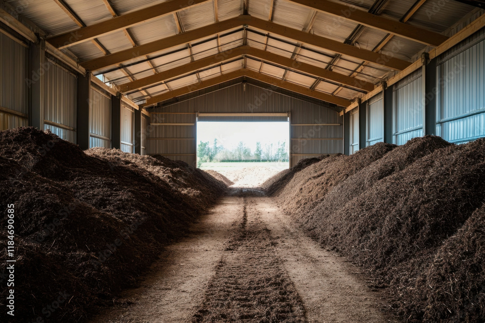 Large compost piles in a barn-like structure Large compost piles in a barn-like structure