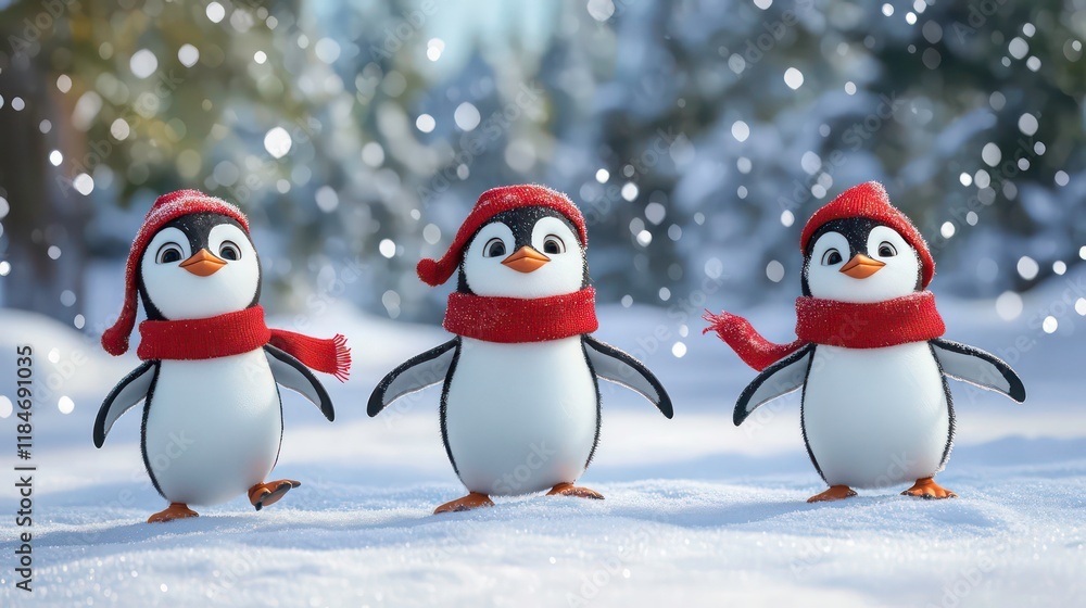 Fototapeta premium Three adorable penguins in red hats and scarves waddle through a snowy winter wonderland.