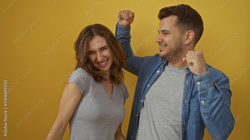 Obraz premium Woman and man laughing together with joy while isolated over a bright yellow wall, showcasing a happy and beautiful relationship