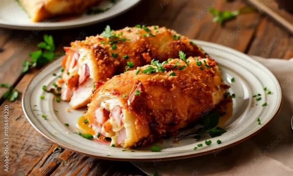 Delicious Plate of Chicken Kiev on a Wooden Table Delicious Plate of Chicken Kiev on a Wooden Table