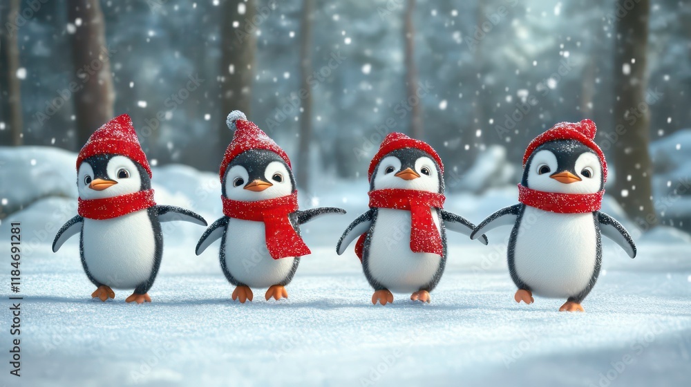 Four adorable cartoon penguins in red hats and scarves waddle through a snowy winter forest. Four adorable cartoon penguins in red hats and scarves waddle through a snowy winter forest.