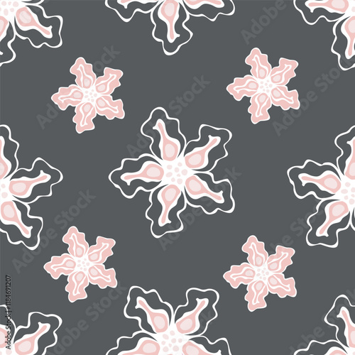 Seamless floral pattern, liberty ditsy print with cute large botany in retro folk style. Beautiful botanical design of hand drawn wild plants: flowers, leaves on black background. Vector illustration photo