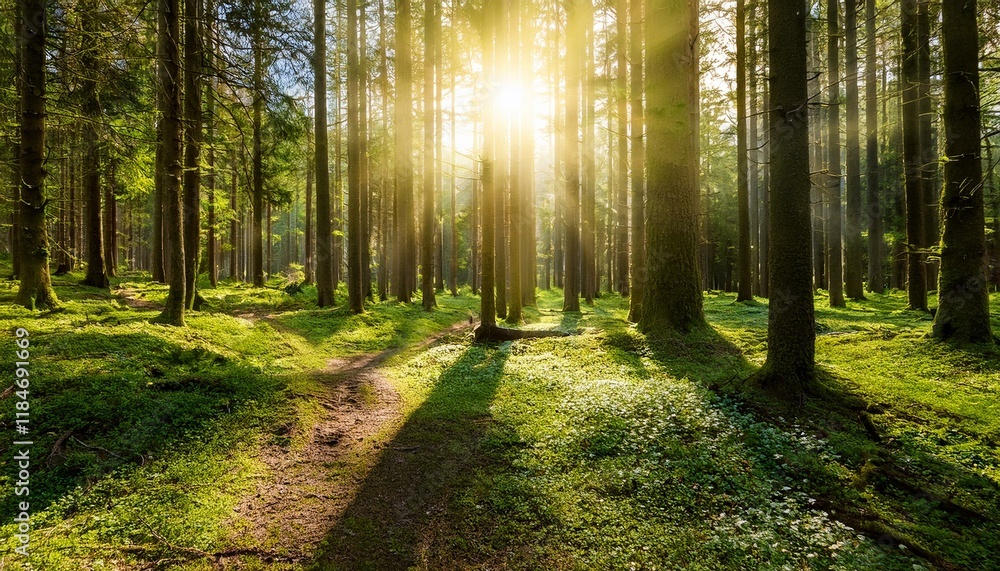 Obraz premium beautiful forest in spring with bright sun shining through the trees