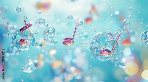 Bubbles shaped like musical notes floating in a soft blue background, creative and harmonious, colorful bubbles, music visualization photo