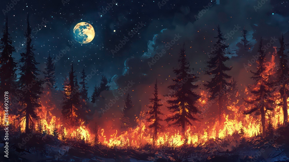 Naklejka premium Night forest fire scene with full moon and starry sky.