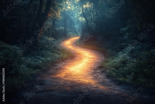 metaphorical crossroads in nature with glowing path splitting into two directions through mystical forest decision making concept with light and shadow